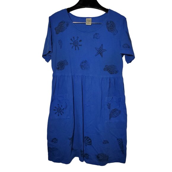 VTG Viva City T-Shirt Dress Women's M Blue Painted Fish Shell Sun Beach Coastal - Picture 1 of 6